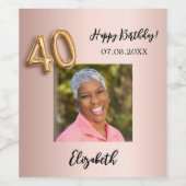40th誕生日バラ金ゴールドピンク写真 ワインラベル (シングルラベル)