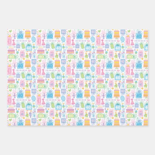40th誕生日パステルピンクケーキプレゼントバルーンW ラッピングペーパーシート (正面3)