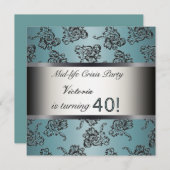 40th誕生日パーティの招待状ティール(緑がかった色)ブラックダマスク 招待状 (正面/裏面)