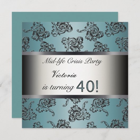 40th誕生日パーティの招待状ティール（緑がかった色）ブラックダマスク 招待状 (正面/裏面)