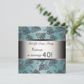40th誕生日パーティの招待状ティール(緑がかった色)ブラックダマスク 招待状 (スタンド正面)