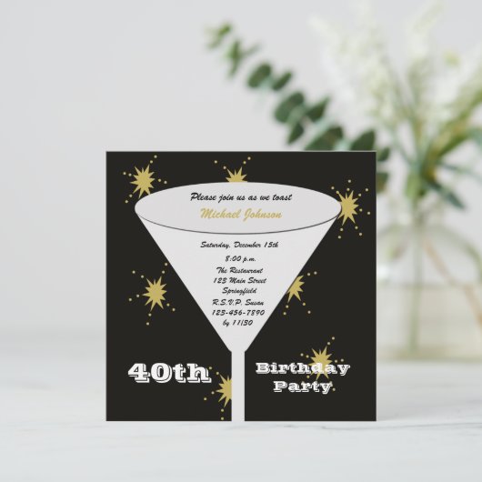 40th誕生日パーティの招待状金ゴールド40thトースト 招待状 (スタンド正面)