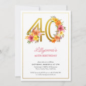 40th誕生日パーティーかわいらしフローラ金ゴールド番号40 招待状 (正面)