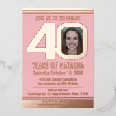 40th誕生日パーティーほこりっぽいピンクの金ゴールドフォイル写真 箔招待状 (正面)