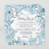 40th誕生日パーティーほこりっぽいブルーウォーター色フローラ 招待状 (正面/裏面)
