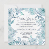 40th誕生日パーティーほこりっぽいブルーウォーター色フローラ 招待状 (正面)