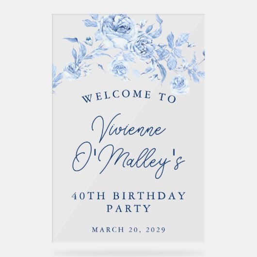 40th誕生日パーティーウェルカムブルーバラフローラ アクリルサイン (正面)