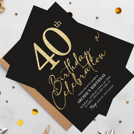 40th誕生日パーティーエレガントブラック&金ゴールドグリッター 招待状