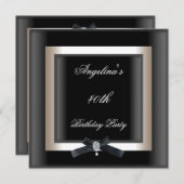 40th誕生日パーティーエレガント白黒ジュエルボウ 招待状 (正面/裏面)