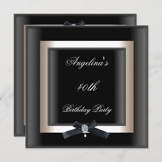 40th誕生日パーティーエレガント白黒ジュエルボウ 招待状 (正面/裏面)