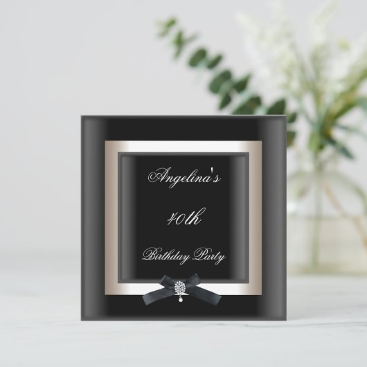 40th誕生日パーティーエレガント白黒ジュエルボウ 招待状 (スタンド正面)
