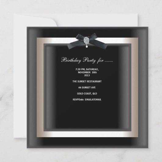 40th誕生日パーティーエレガント白黒ジュエルボウ 招待状 (裏面)
