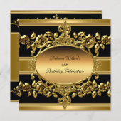 40th誕生日パーティーエレガント金ゴールド黒フローラ 招待状 (正面/裏面)