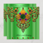 40th誕生日パーティーグリーン金ゴールドジュエル 招待状 (正面/裏面)