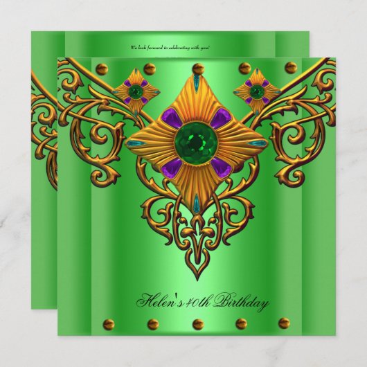 40th誕生日パーティーグリーン金ゴールドジュエル 招待状 (正面/裏面)