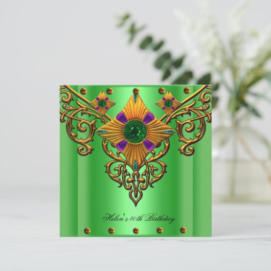 40th誕生日パーティーグリーン金ゴールドジュエル 招待状 (スタンド正面)