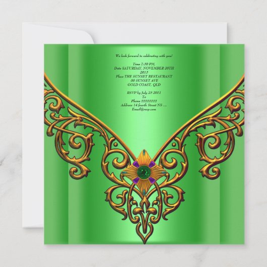 40th誕生日パーティーグリーン金ゴールドジュエル 招待状 (裏面)