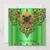 40th誕生日パーティーグリーン金ゴールドジュエル 招待状 (正面)