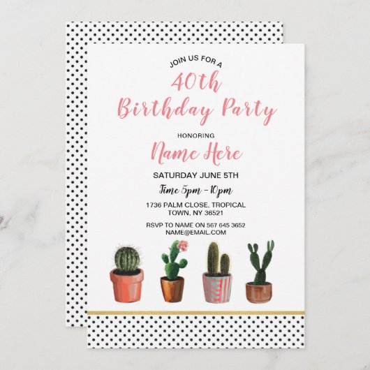 40th誕生日パーティーサボテン招待状18th 21st 30th 招待状 (正面/裏面)