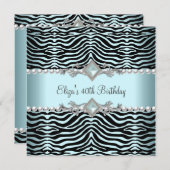 40th誕生日パーティーゼブラティール(緑がかった色)ブルーホワイトパール 招待状 (正面/裏面)