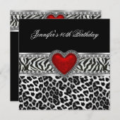 40th誕生日パーティーゼブラ白黒ヒョウ赤 招待状 (正面/裏面)