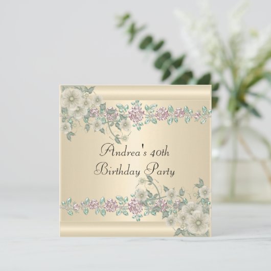 40th誕生日パーティーソフトかわいらしクリームフローラ2 招待状 (スタンド正面)