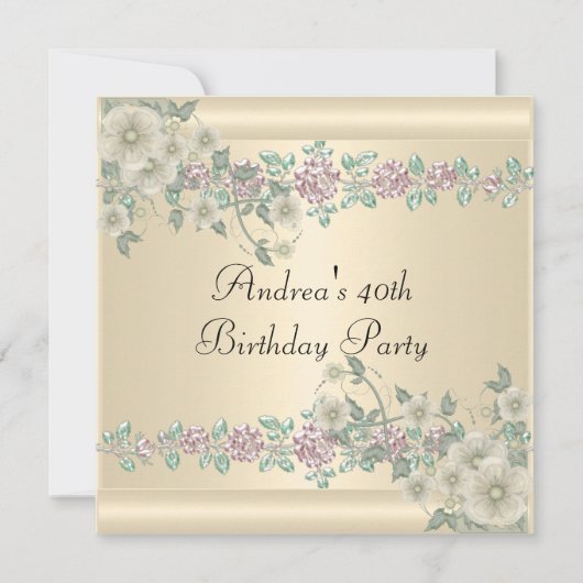 40th誕生日パーティーソフトかわいらしクリームフローラ2 招待状 (正面)