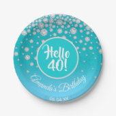 40th誕生日パーティーダイヤモンドteal blue glitter ペーパープレート (正面)