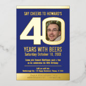 40th誕生日パーティーダークブルー金ゴールドフォイルフォトビール 箔招待状 (正面)