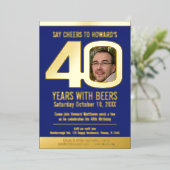 40th誕生日パーティーダークブルー金ゴールドフォイルフォトビール 箔招待状 (立ち正面)