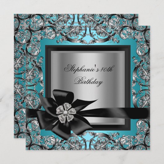 40th誕生日パーティーティール（緑がかった色）ブルーシルバーブラックボウ 招待状 (正面/裏面)
