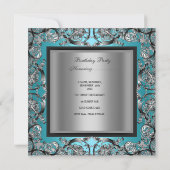 40th誕生日パーティーティール（緑がかった色）ブルーシルバーブラックボウ 招待状 (裏面)