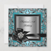 40th誕生日パーティーティール（緑がかった色）ブルーシルバーブラックボウ 招待状 (正面)