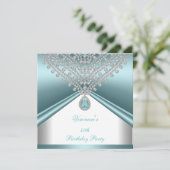 40th誕生日パーティーティール（緑がかった色）ブルーホワイトダイヤモンド 招待状 (スタンド正面)