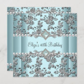 40th誕生日パーティーティール（緑がかった色）ブルーホワイトパールシルバー 招待状 (正面/裏面)