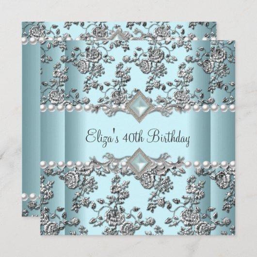 40th誕生日パーティーティール(緑がかった色)ブルーホワイトパールシルバー 招待状 (正面/裏面)