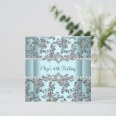 40th誕生日パーティーティール（緑がかった色）ブルーホワイトパールシルバー 招待状 (スタンド正面)