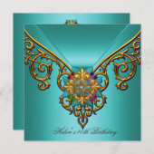 40th誕生日パーティーティール(緑がかった色)ブルー金ゴールドジュエルレース 招待状 (正面/裏面)