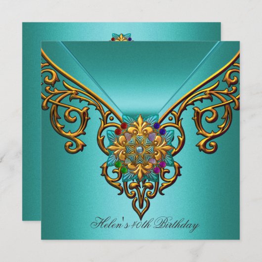 40th誕生日パーティーティール（緑がかった色）ブルー金ゴールドジュエルレース 招待状 (正面/裏面)