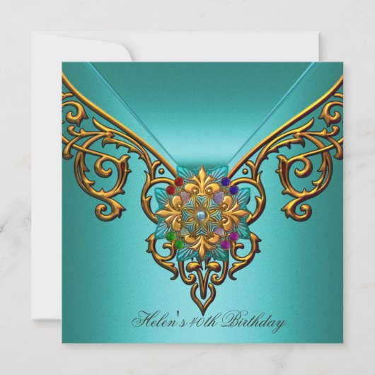 40th誕生日パーティーティール(緑がかった色)ブルー金ゴールドジュエルレース 招待状 (正面)