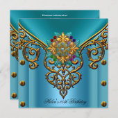 40th誕生日パーティーティール(緑がかった色)ブルー金ゴールドジュエル 招待状 (正面/裏面)