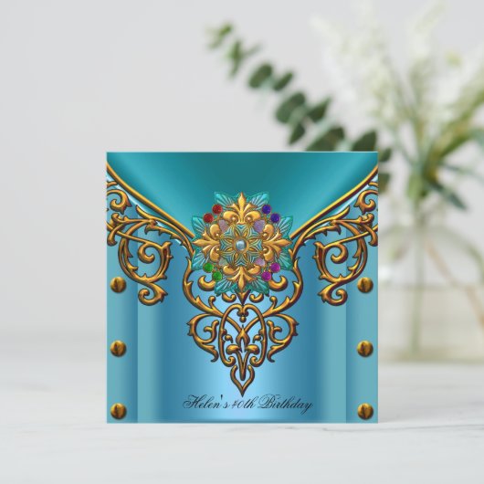 40th誕生日パーティーティール（緑がかった色）ブルー金ゴールドジュエル 招待状 (スタンド正面)