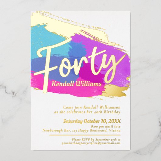 40th誕生日パーティーフォイル金ゴールドフォト抽象芸術アート 箔招待状 (正面)