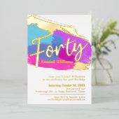 40th誕生日パーティーフォイル金ゴールドフォト抽象芸術アート 箔招待状 (立ち正面)