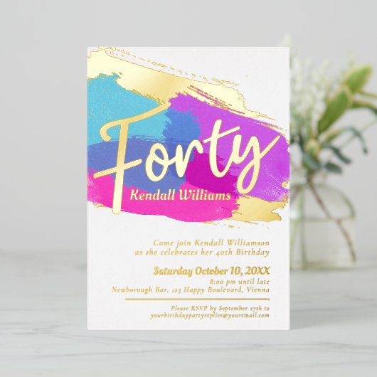 40th誕生日パーティーフォイル金ゴールドフォト抽象芸術アート 箔招待状 (立ち正面)