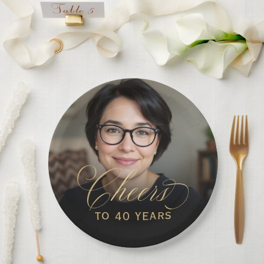 40th誕生日パーティーフォト金ゴールドスクリプト応援 ペーパープレート (ウェディング)