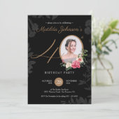 40th誕生日パーティーフローラブラック金ゴールドクラスフォト 招待状 (スタンド正面)