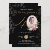 40th誕生日パーティーフローラブラック金ゴールドクラスフォト 招待状 (正面/裏面)
