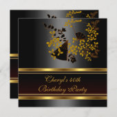 40th誕生日パーティーフローラブラック金ゴールドパターン 招待状 (正面/裏面)