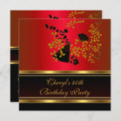 40th誕生日パーティーフローラ赤ブラック金ゴールドパターン 招待状 (正面/裏面)